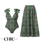 Dark Green Jungle Tiger Leaf Print One-Piece Swimsuit&Skirt