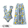 Lemon Motifs Blue Scrollwork Ornate Print One-Piece Swimsuit&Skirt
