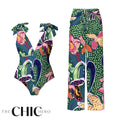 Green Parrot Tropical Exotic Flower Motifs One-Piece Swimsuit&Pants