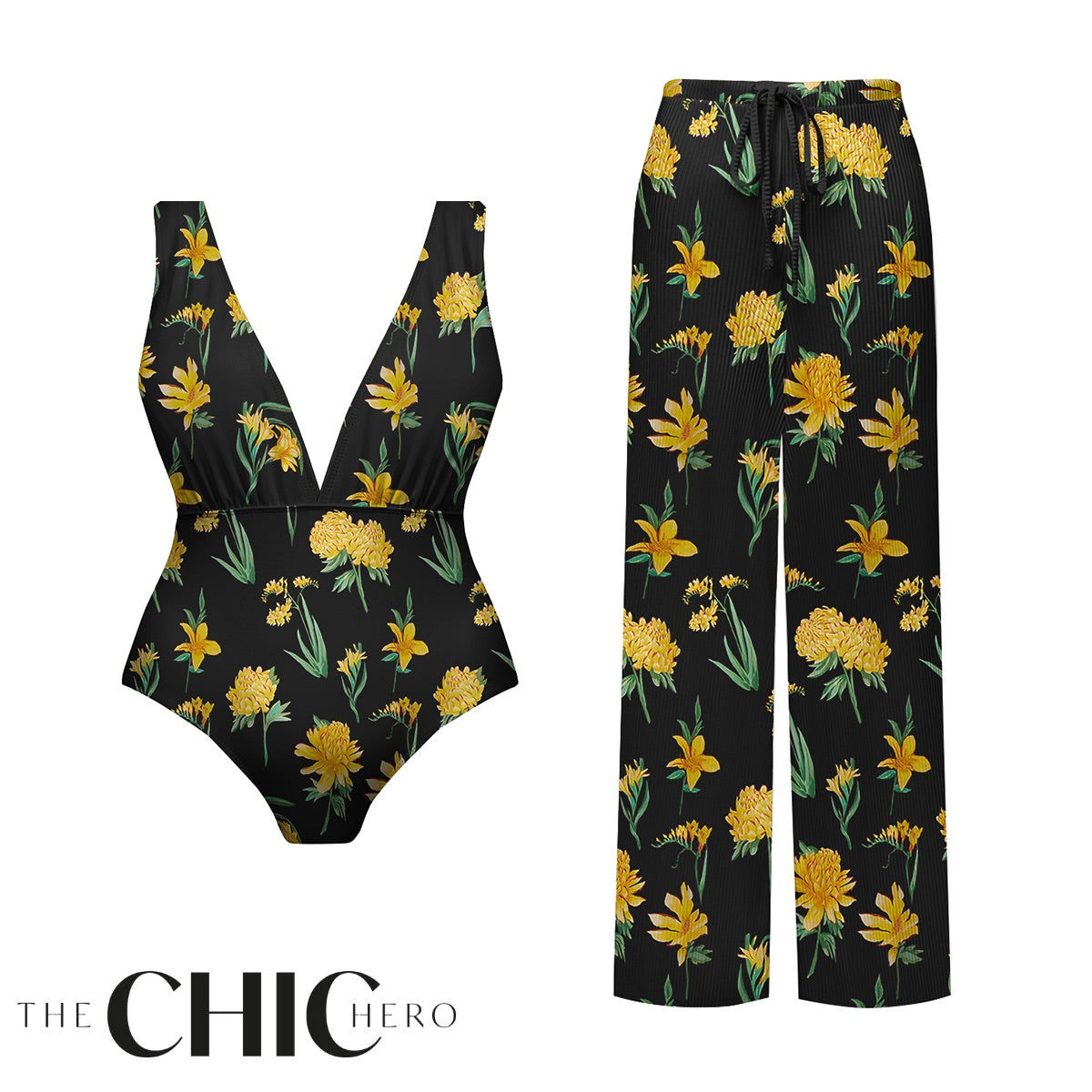Yellow Floral Print One-Piece Swimsuit&Pants