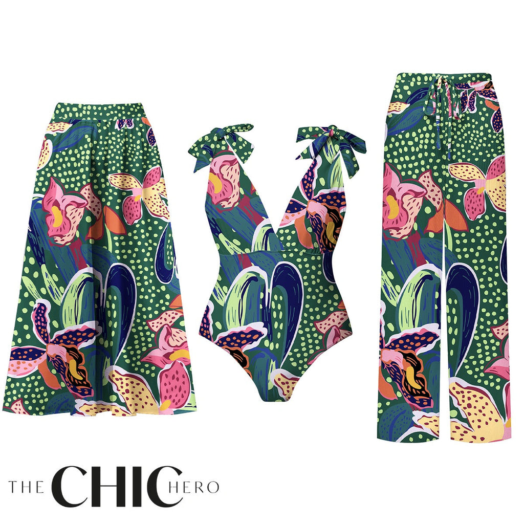 Green Parrot Tropical Exotic Flower Motifs One-Piece Swimsuit&Skirt&Pants