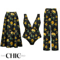 Yellow Floral Print One-Piece Swimsuit&Skirt&Pants