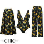 Yellow Floral Print One-Piece Swimsuit&Skirt&Pants