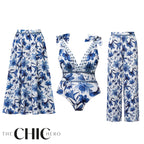 V Neck Lace Up Boho Breeze Blue Floral Swimsuit&Skirt&Pants