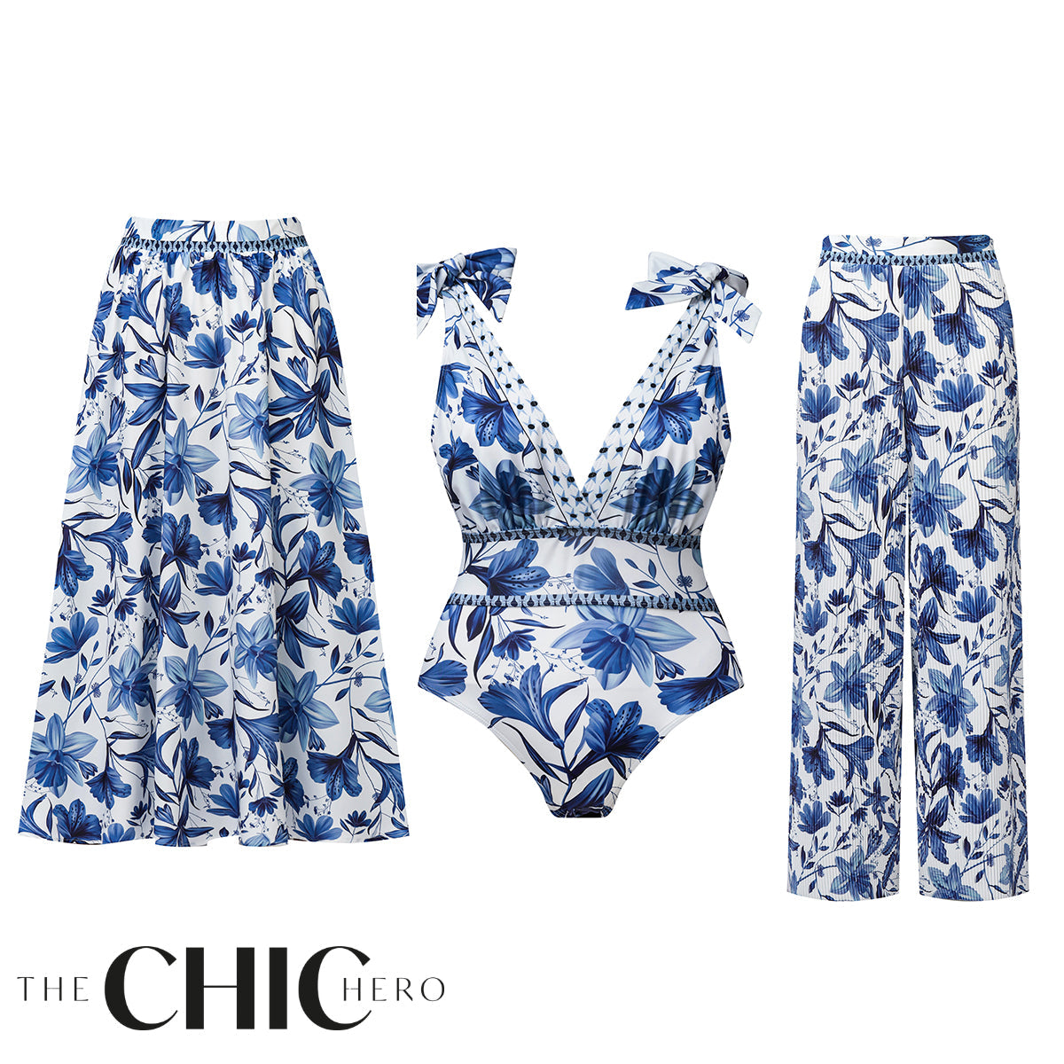 V Neck Lace Up Boho Breeze Blue Floral Swimsuit&Skirt&Pants
