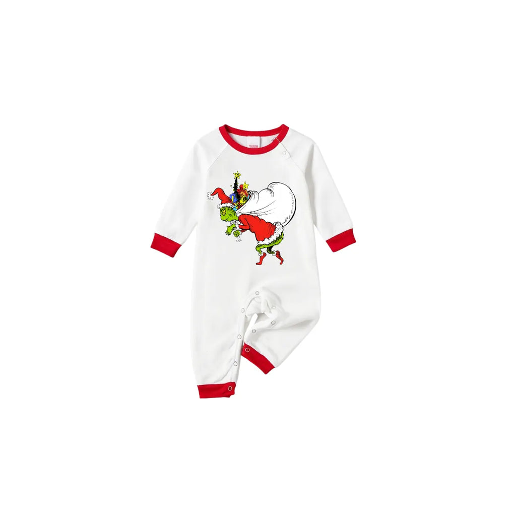 Christmas White Pajamas Set With Cartoon Pattern Print