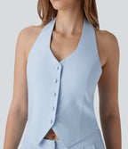 Halter Shirred Wide Leg Work Jumpsuit with Pockets