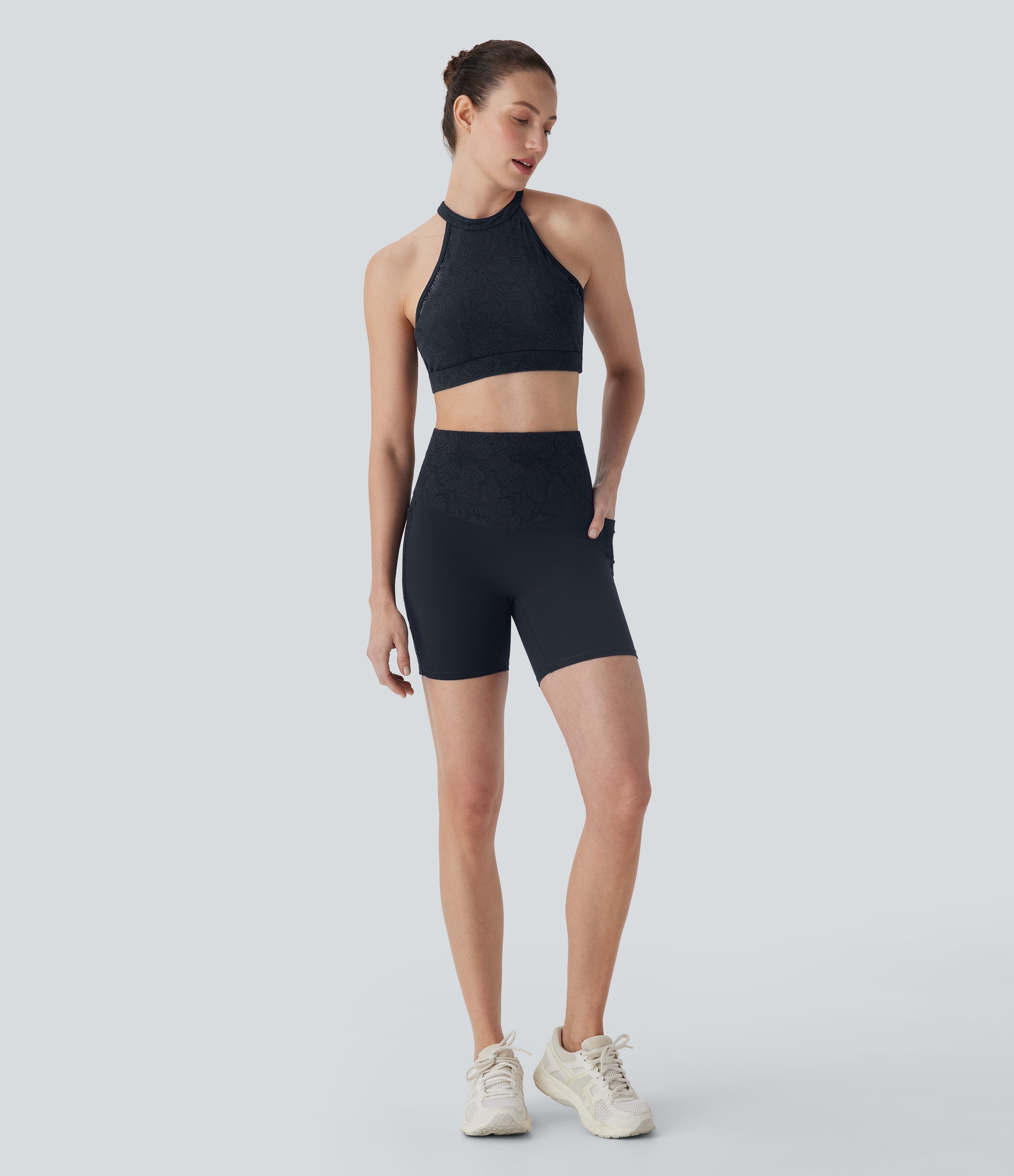 UltraSculptTM SoCinched High Waisted Tummy Control Contrast Lace Training Biker Shorts 5'' with Pockets