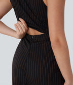 V Neck Sleeveless Belted Stripe Cool Touch Work Jumpsuit with Pockets-Easy Peezy