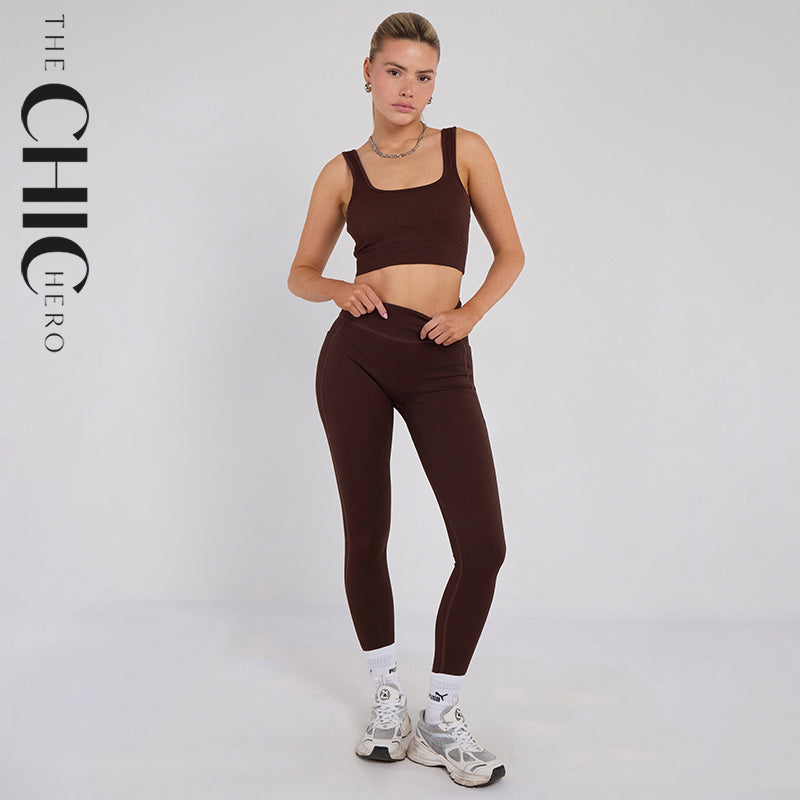 Stretch Coffee Brown Workout Outfit Seamless Sports Bra & High-Waist Leggings Set