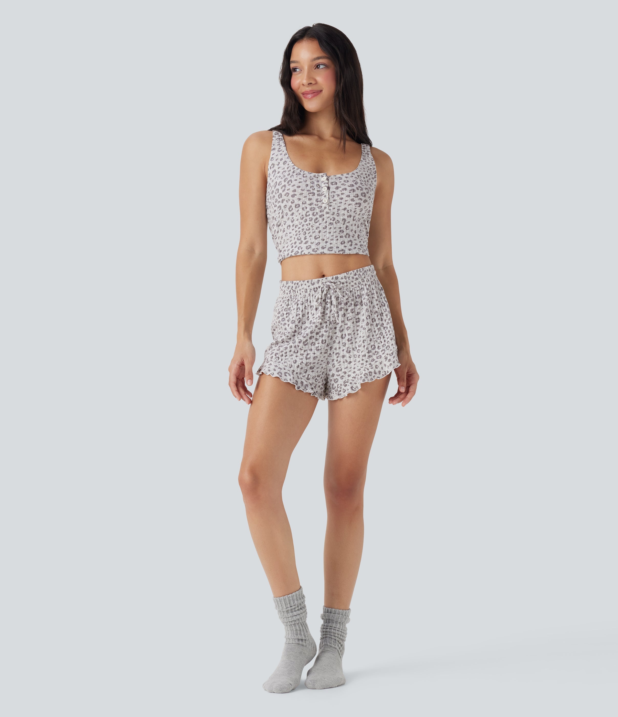 Mid Rise Drawstring Ruffle Hem Leopard Print Lounge Shorts