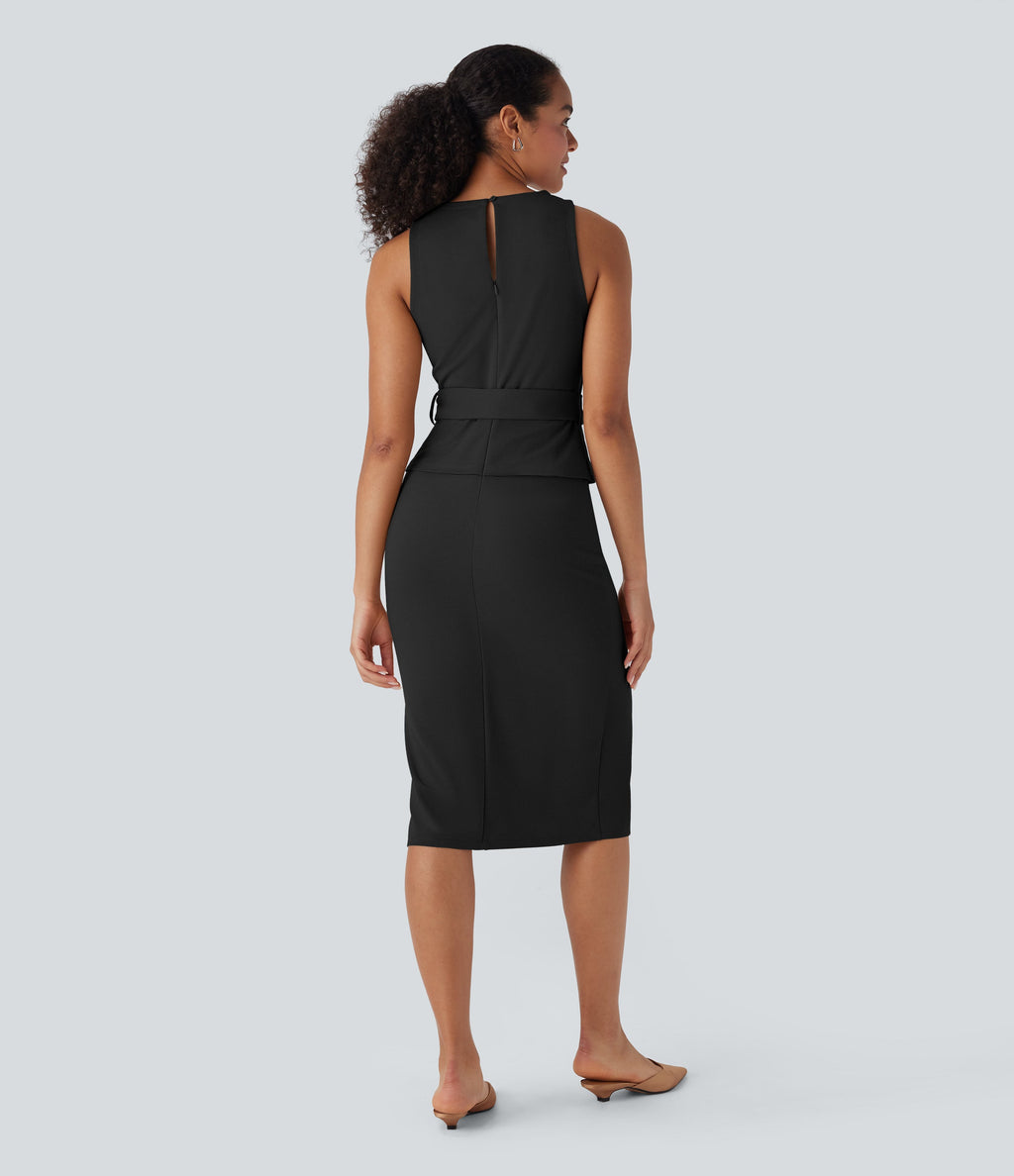 Sleeveless Keyhole-Back Belted Midi Work Dress