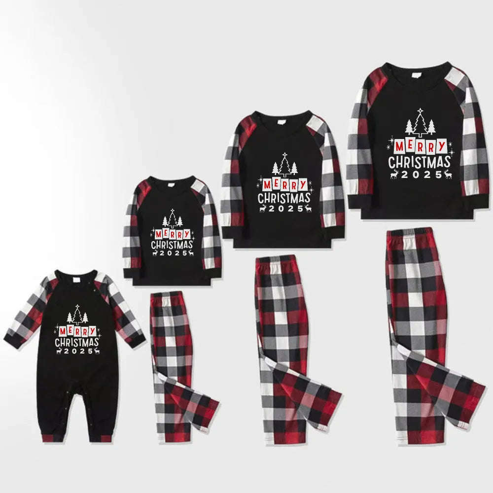 Christmas Family Matching Pajamas-Red and Gray Plaid Pjs set with “Merry Christmas” Print