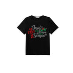 Jesus is the Reason Family Pajamas Set - Black Top Red Pants Red Plaid Sleeves Cross and Snowflake Print