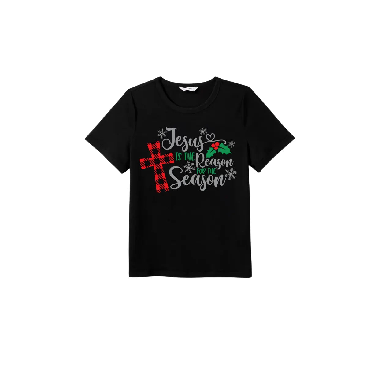 Jesus is the Reason Family Pajamas Set - Black Top Red Pants Red Plaid Sleeves Cross and Snowflake Print