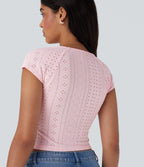 Square Neck Drawstring Eyelet Embroidery Skinny Cropped Casual Top