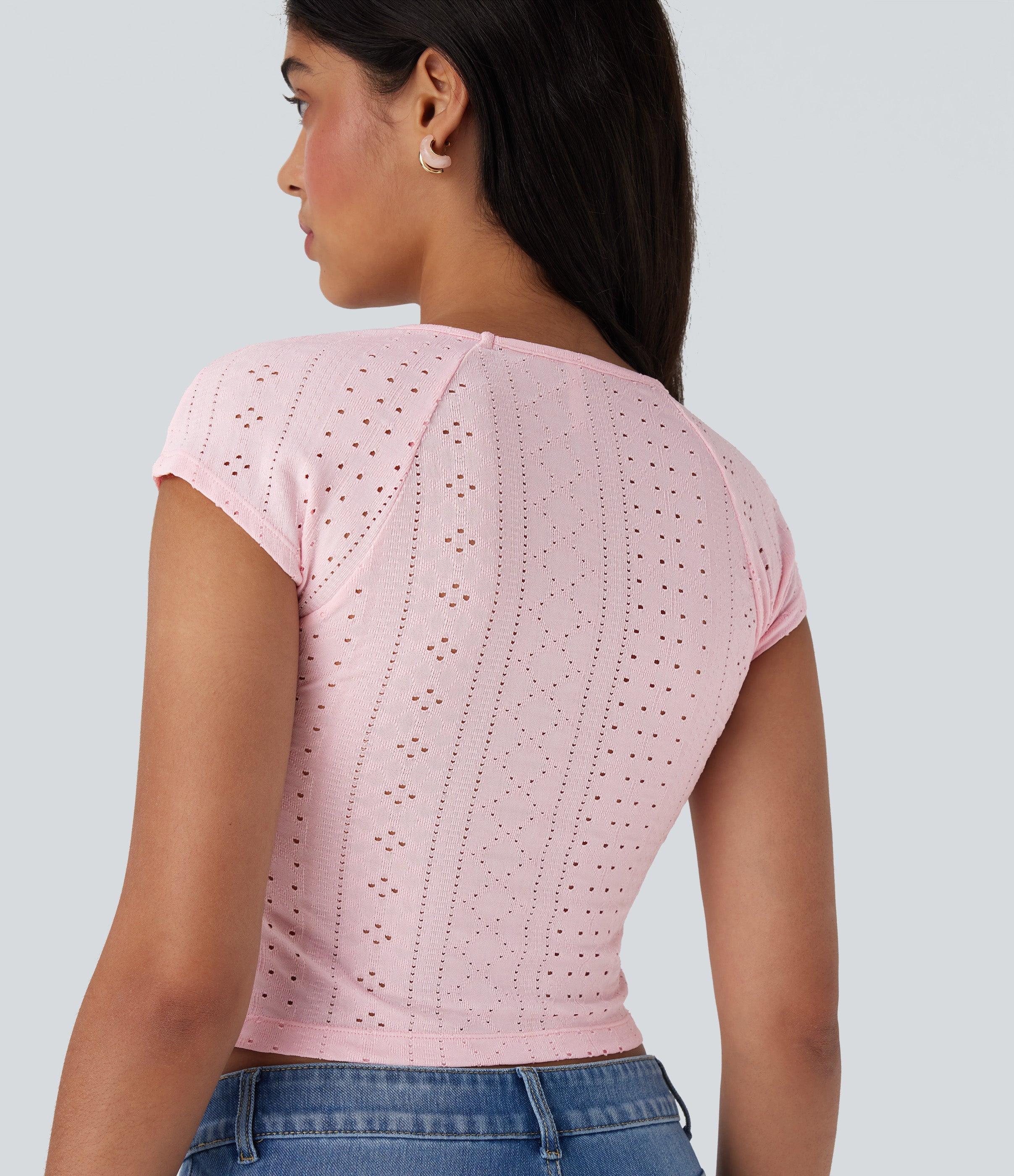 Square Neck Drawstring Eyelet Embroidery Skinny Cropped Casual Top