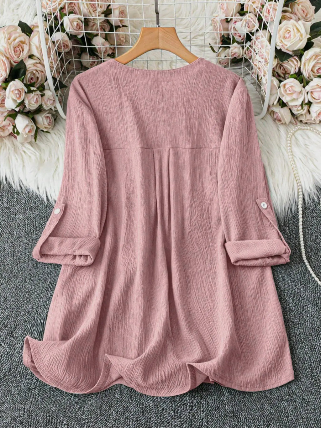 Lune Plus Size V Neck Shirt Blouse with Pockets, Casual Roll-Up Sleeve Design, Comfortable Daily Wear Top for Women