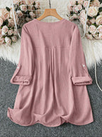 Lune Plus Size V Neck Shirt Blouse with Pockets, Casual Roll-Up Sleeve Design, Comfortable Daily Wear Top for Women