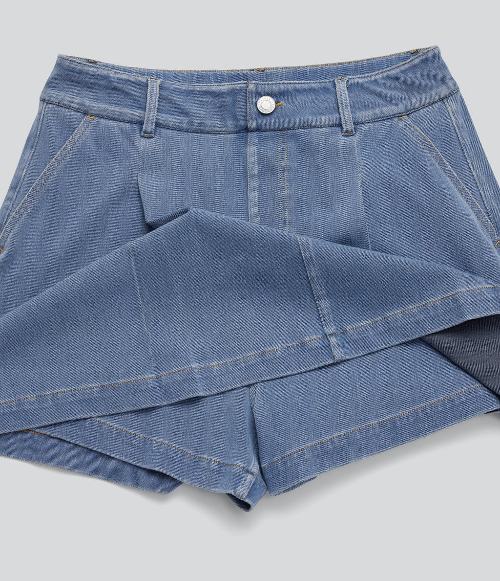 FlexTM High Waisted 2-in-1 Washed Stretchy Knit Denim Casual A-line Skort with Pockets