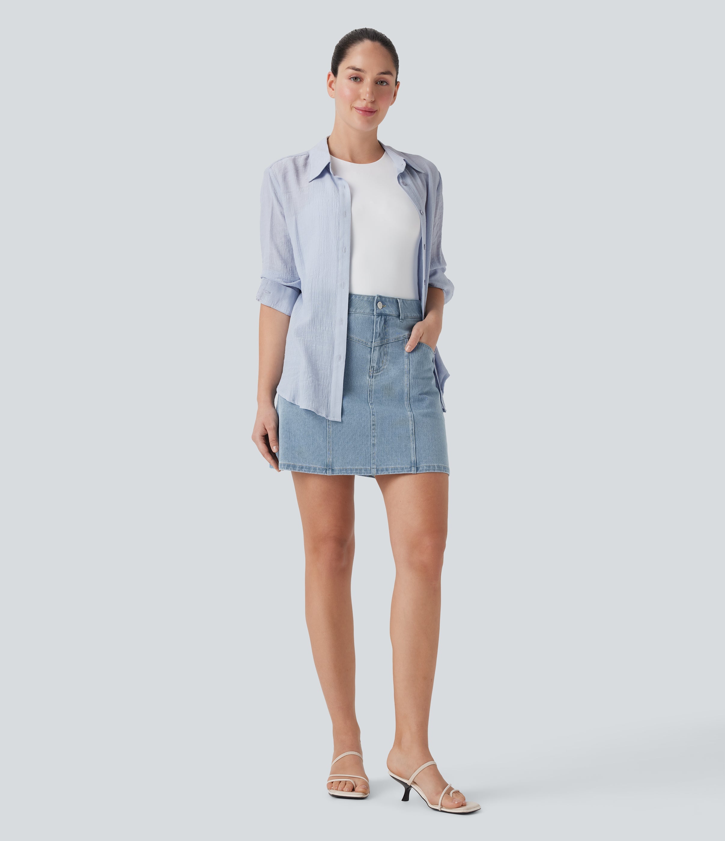 FlexTM Mid Rise A Line Stretchy Knit Denim Mini Casual Skirt with Pockets