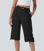 Mid-Rise Ruched Cargo Quick-Dry Casual Pedal Pusher Pants with Pockets