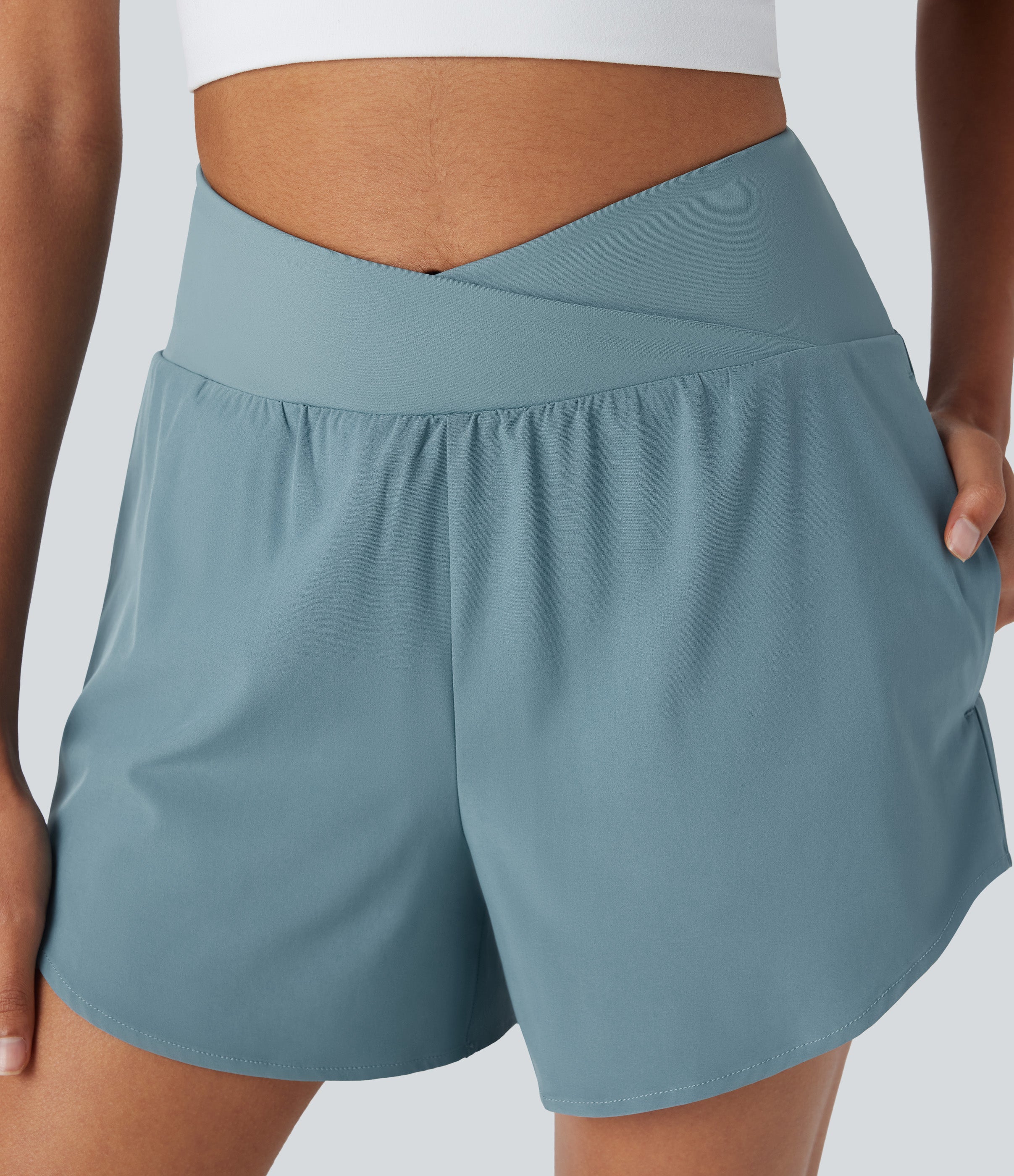 BreezefulTM High Waisted Crossover 2-in-1 Quick Dry Yoga Shorts with Pockets