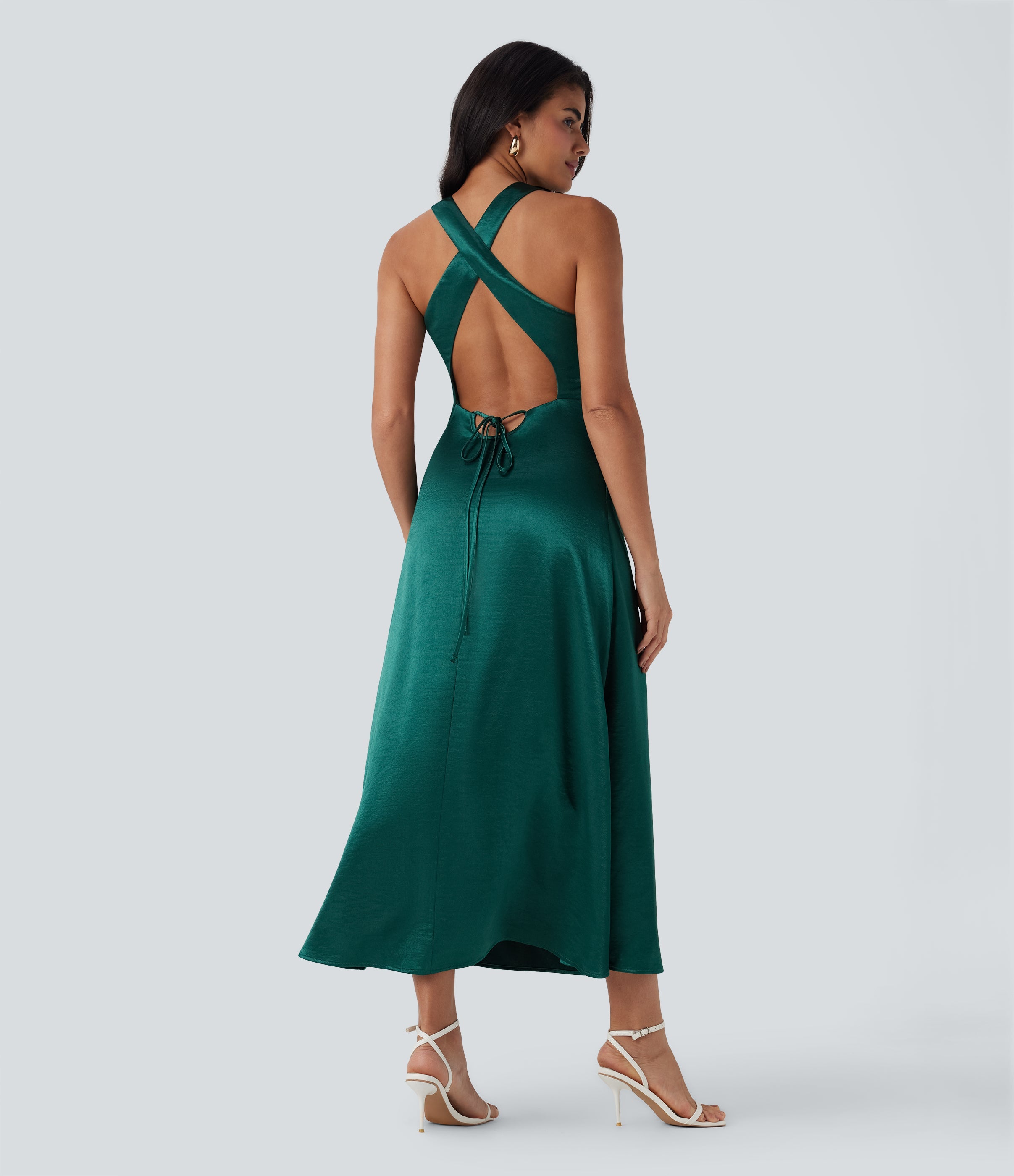 Tie Back Ruched Maxi Satin Dress