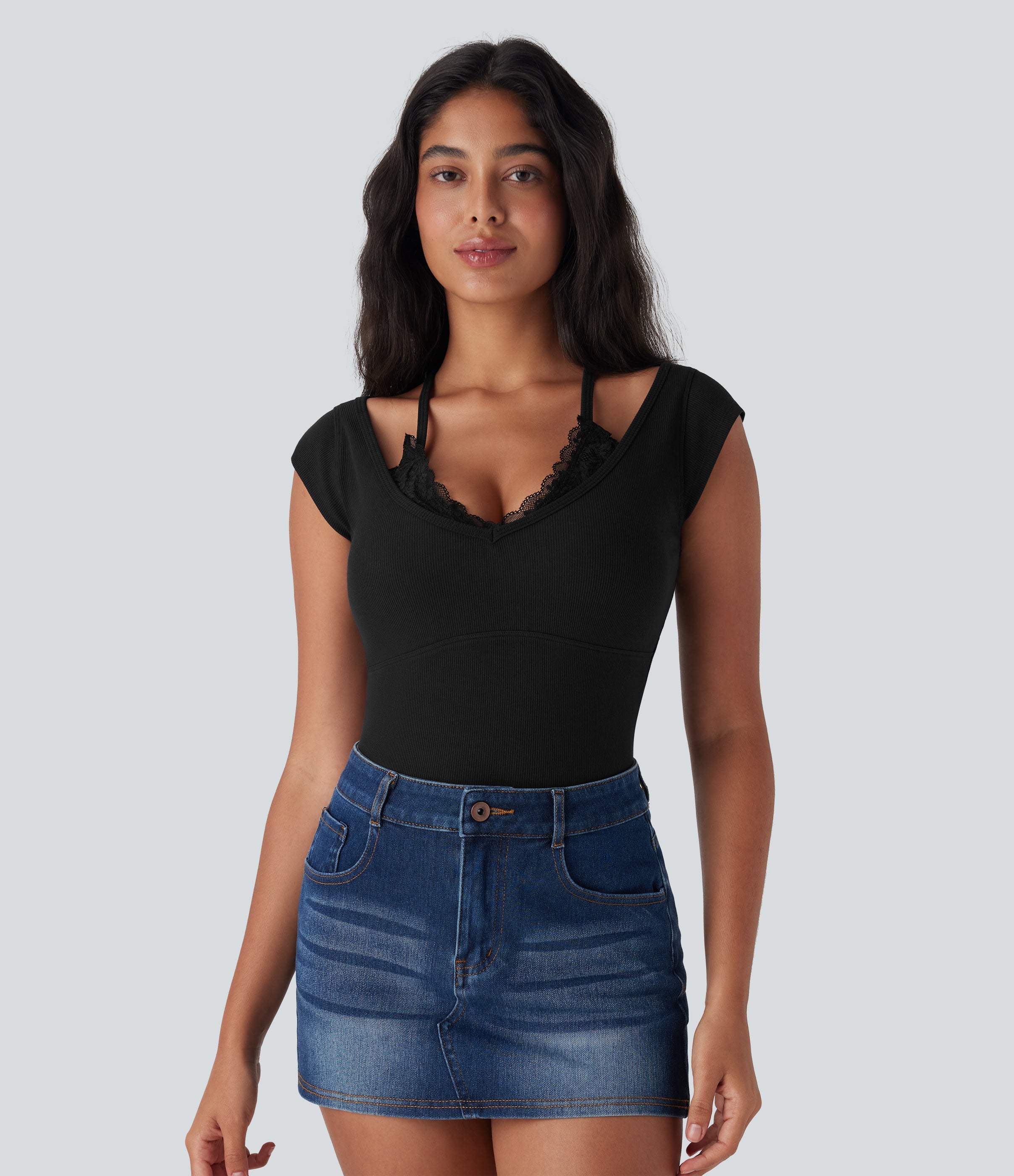 High Stretch Ribbed Knit Lace Halter Cap Sleeve Top