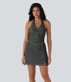 FlexTM Halter Bodycon 2-Piece Cool Touch Washed Denim Mini Tennis Active Dress with Pockets