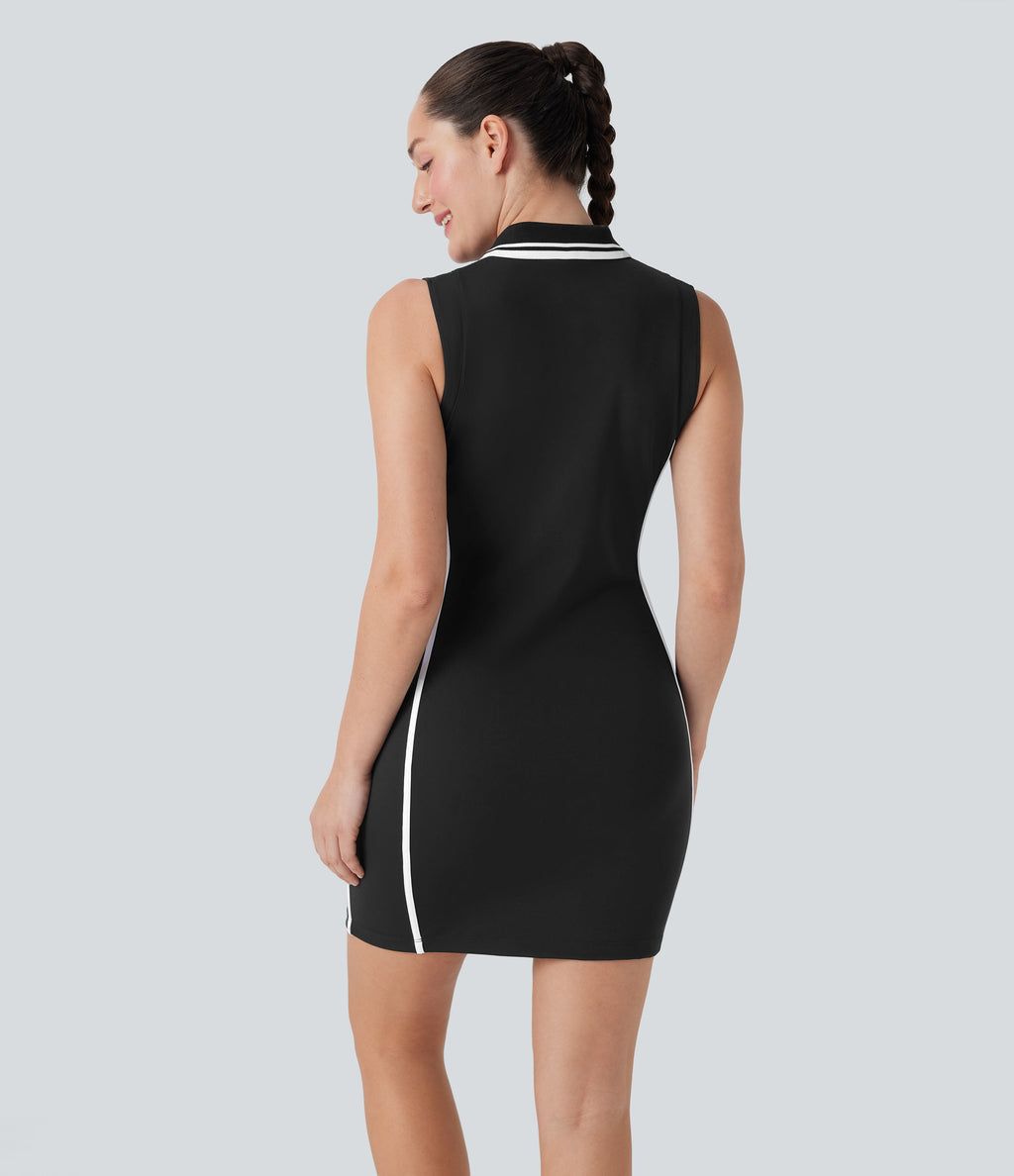 SoftlyZeroTM Airy Color Block Polo Zip Sleeveless Bodycon Cool Touch Mini Casual Dress-UPF50+