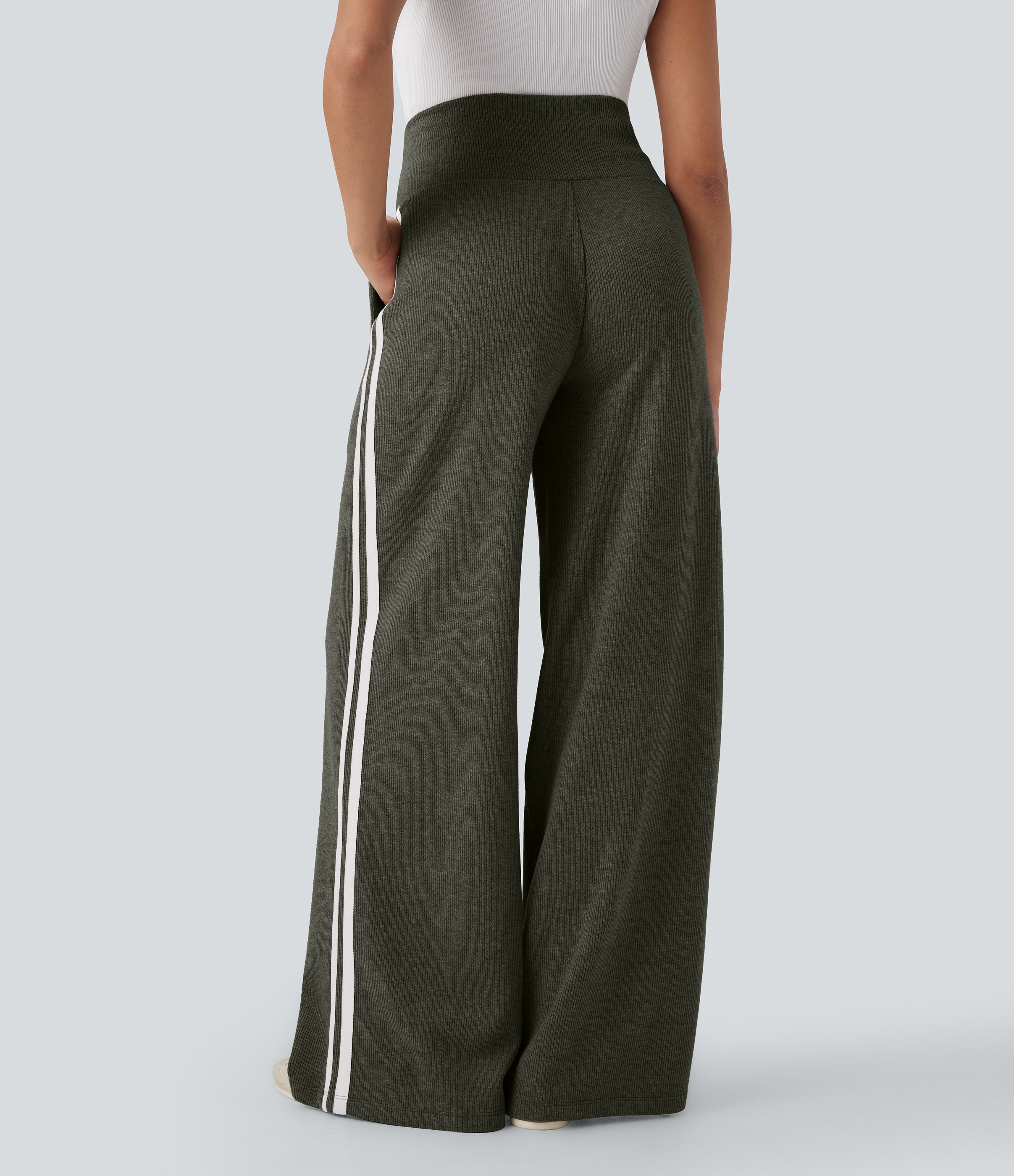 2026🔥 Ribbed SoCinched High Waisted Tummy Control Drawstring Wide Leg Color Block Casual Trousers with Pockets