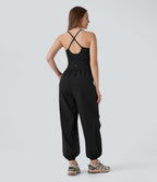 Water Repellent Crisscross Backless Side Pockets Ripstop Hiking Cargo Jumpsuit