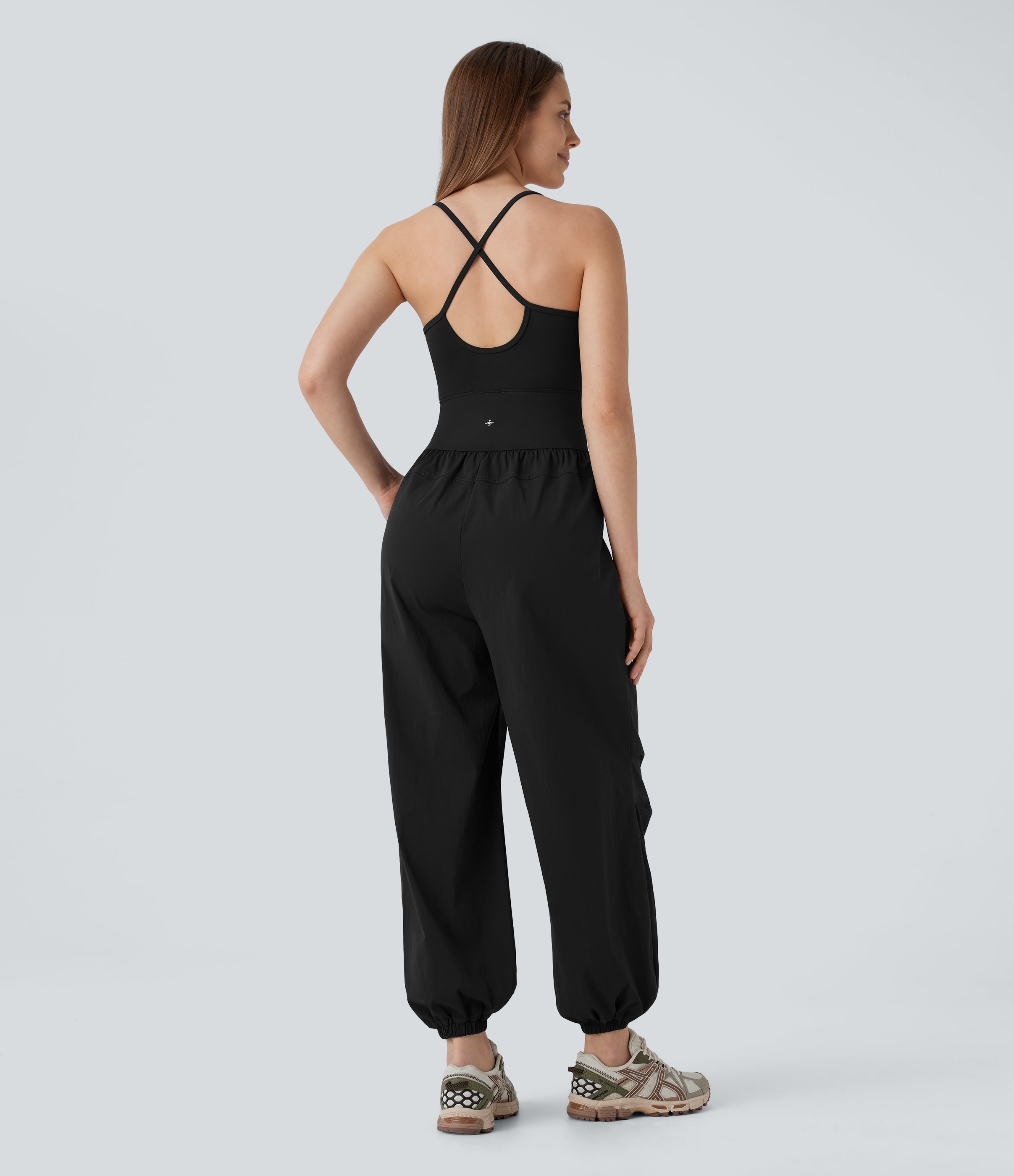 Water Repellent Crisscross Backless Side Pockets Ripstop Hiking Cargo Jumpsuit