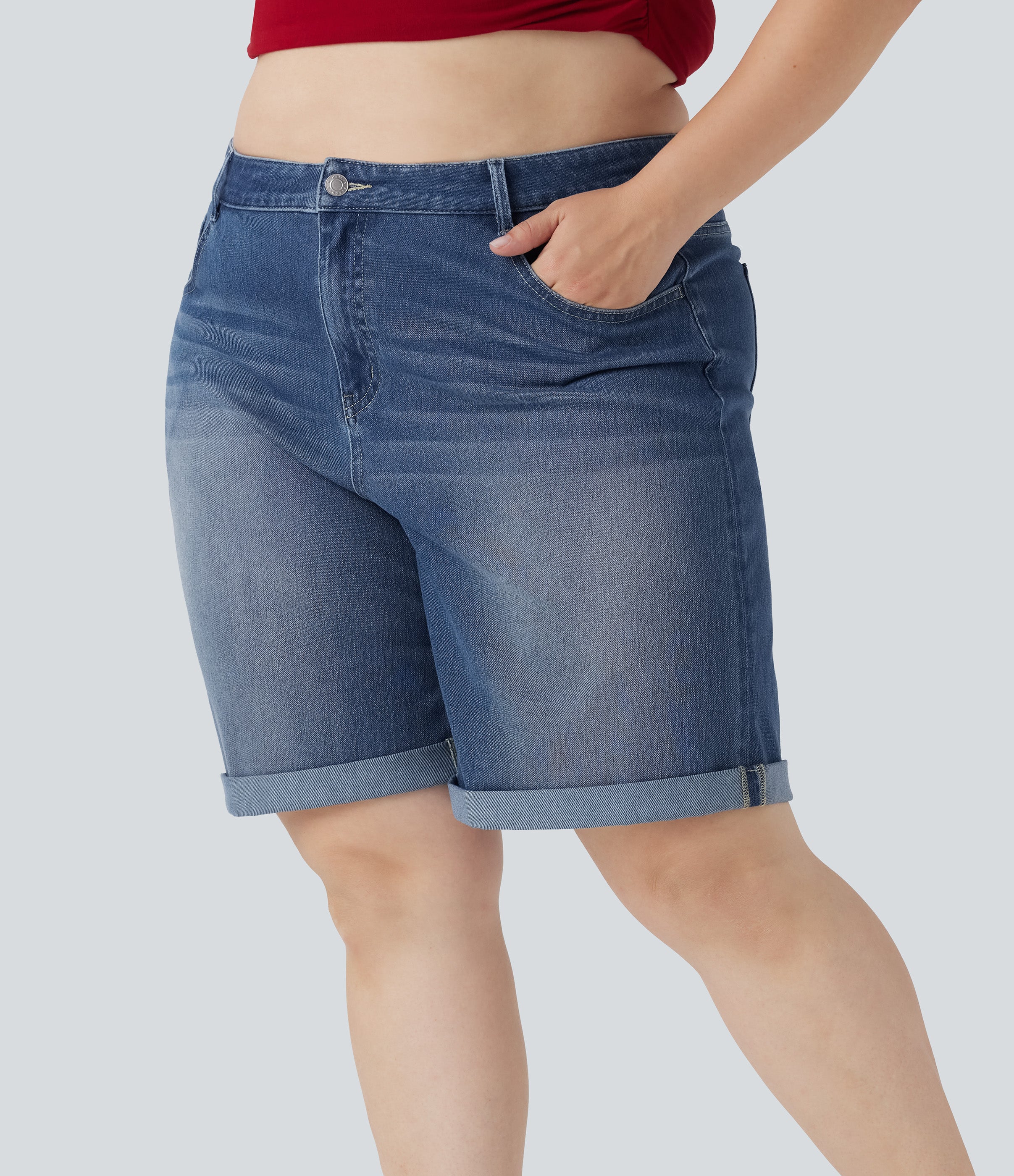 FlexTM High Waisted Multiple Pockets Rolled Hem Washed Stretchy Knit Denim Casual Plus Size Bermuda Shorts