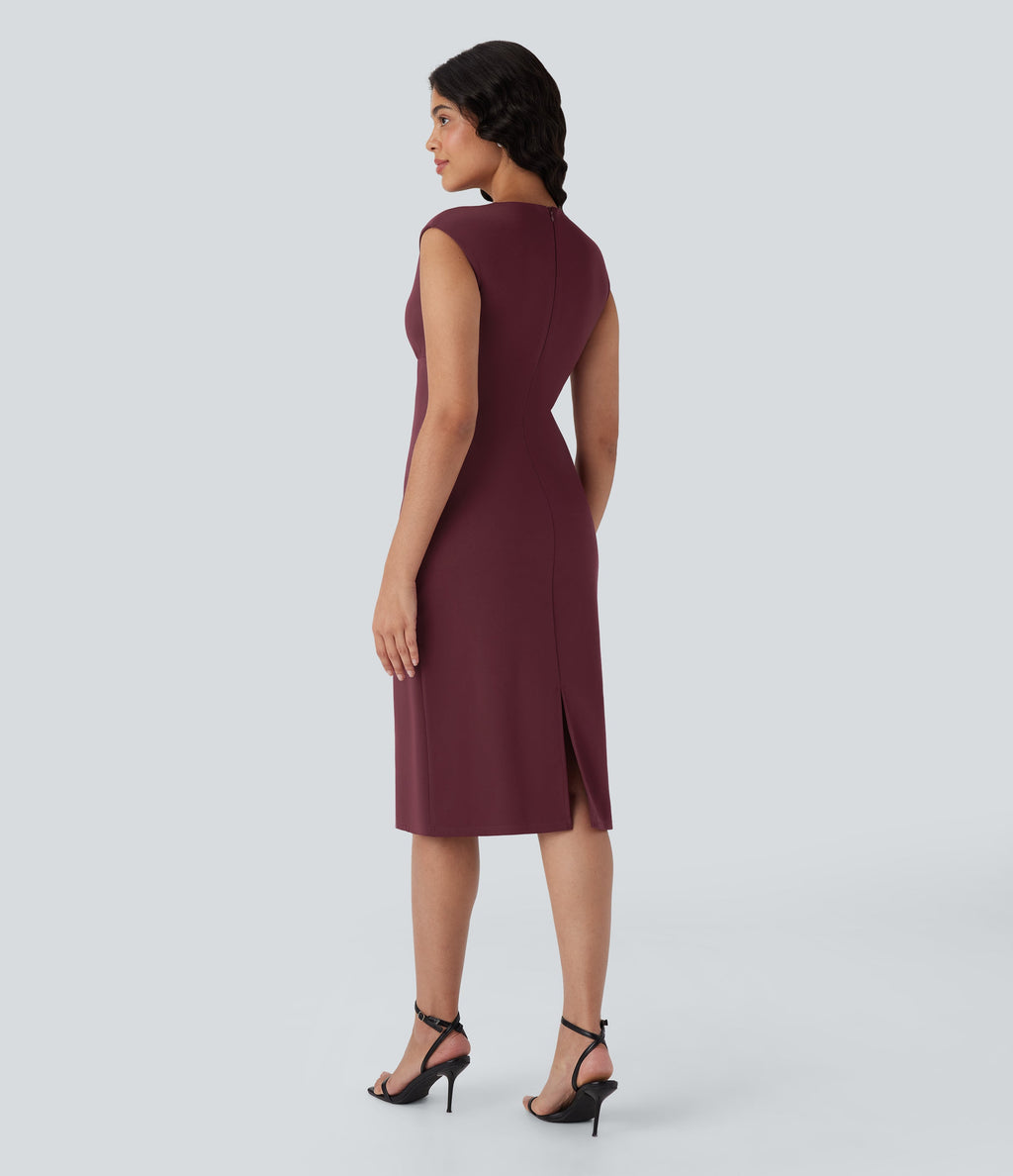 V-neck Zipper Bodycon Midi Work Built-in Mesh Shapewear Dress