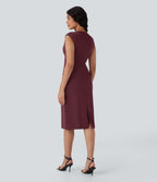 V-neck Zipper Bodycon Midi Work Built-in Mesh Shapewear Dress