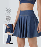 FlexTM High Waisted 2-in-1 Cool Touch Washed Stretchy Knit Denim Mini Tennis Skirt with Pockets