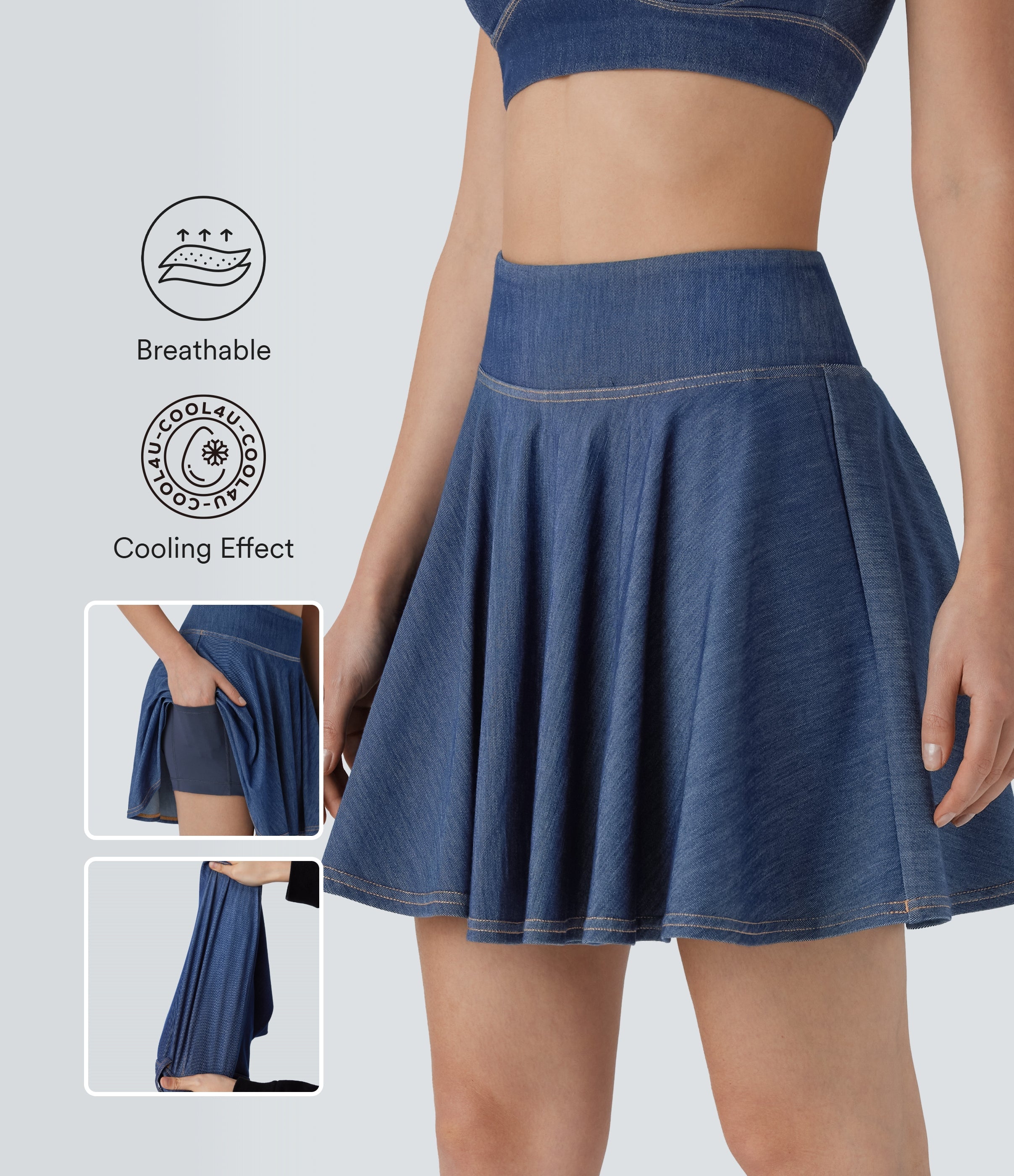 FlexTM High Waisted 2-in-1 Cool Touch Washed Stretchy Knit Denim Mini Tennis Skirt with Pockets