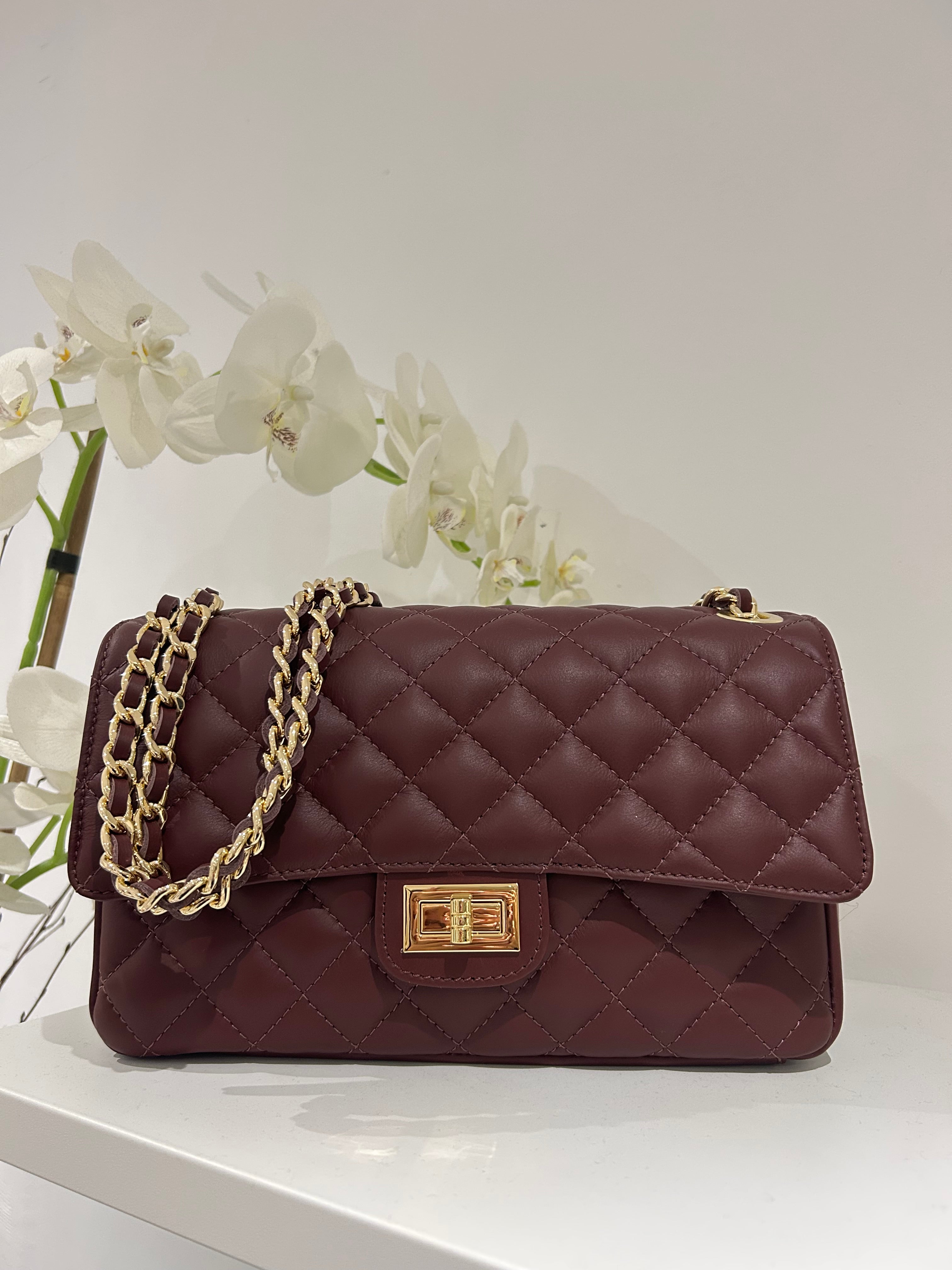 Large Genuine Leather Quilted Turn Lock Chain Handle Handbag (8 Colours)