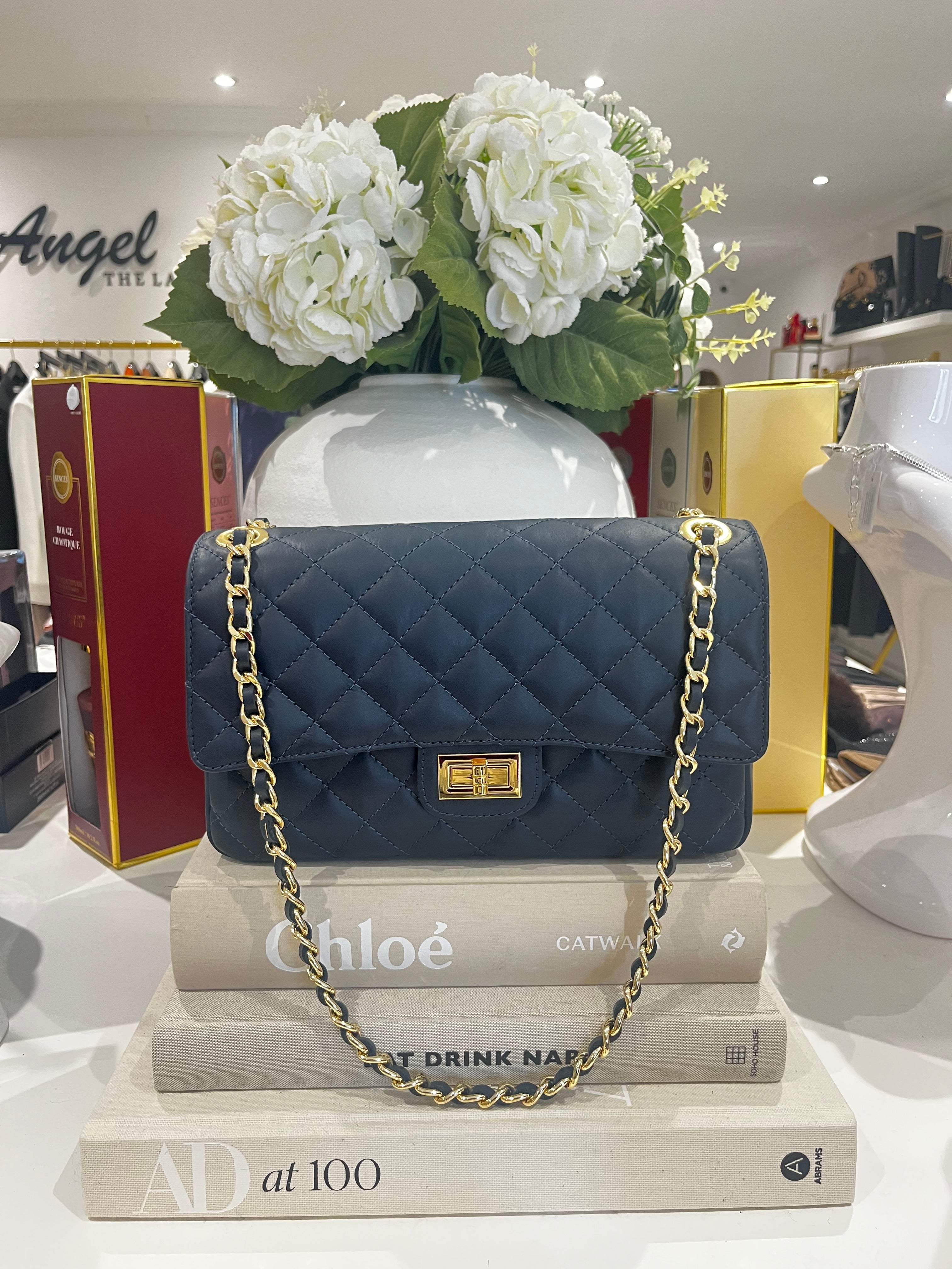 Large Genuine Leather Quilted Turn Lock Chain Handle Handbag (8 Colours)