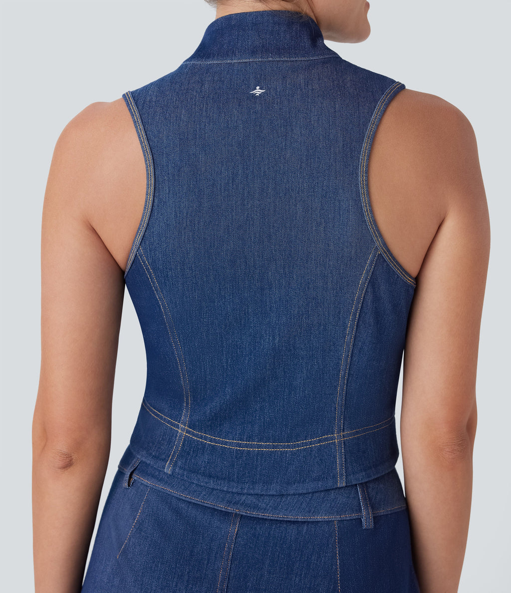 FlexTM Stand Collar Zipper Cool Touch Washed Denim Tennis Tank Top