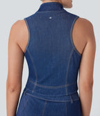 FlexTM Stand Collar Zipper Cool Touch Washed Denim Tennis Tank Top