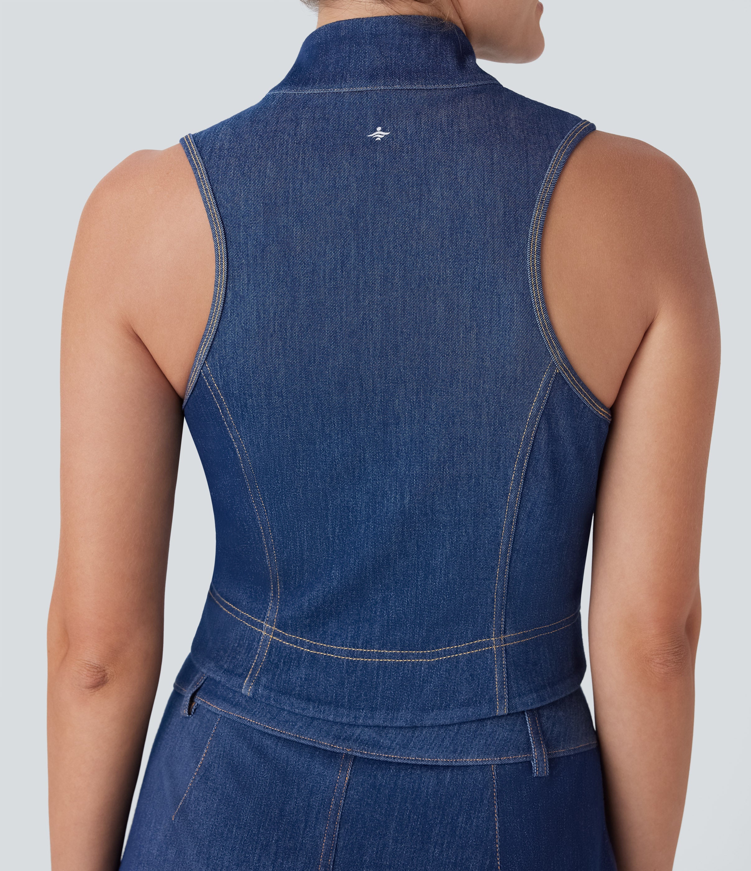 FlexTM Stand Collar Zipper Cool Touch Washed Denim Tennis Tank Top