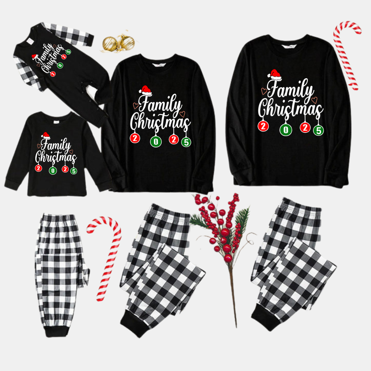 "Family Christmas 2025" Letter Printed Black Long Sleeve Top with Black And White Plaid Pants Family Matching Pajamas