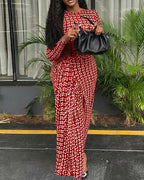 Geometric Print Long Sleeve Waist Tied Detail Maxi Dress Casual Slim Fit Slit Vacation Dress