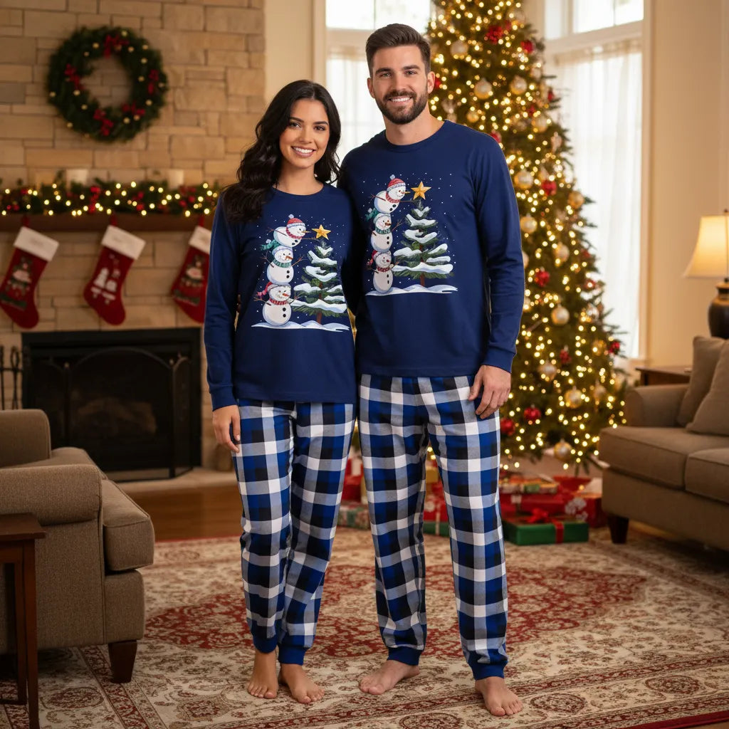 Couple Blue Plaid Pajamas Set with Snowman & Christmas Tree Print
