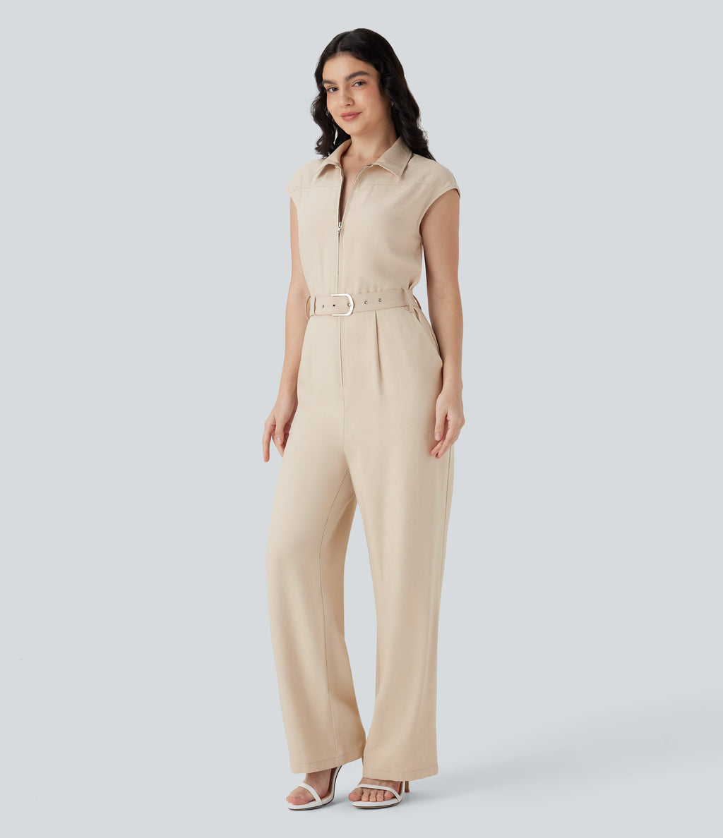 Half Zipper Cap Sleeve Straight Leg Belted Work Linen-Feel Jumpsuit with Pockets