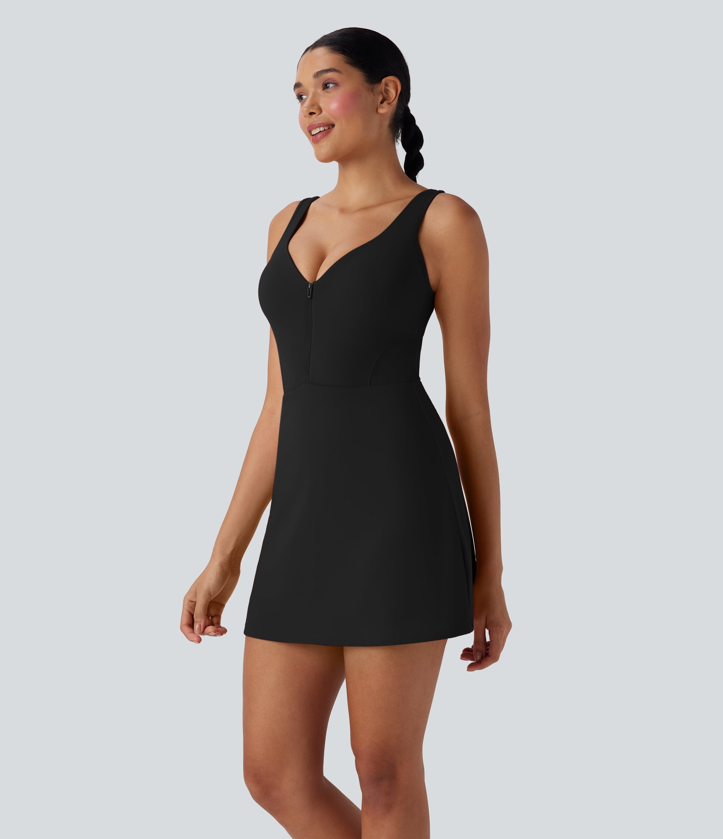 SoftlyZeroTM Plush Push-Up Molded Cups Zipper 2-in-1 Yoga Active Dress with Pockets-Easy Peezy