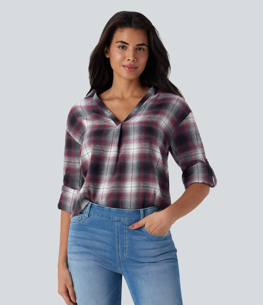 V Neck Curved Hem Plaid Casual Blouse